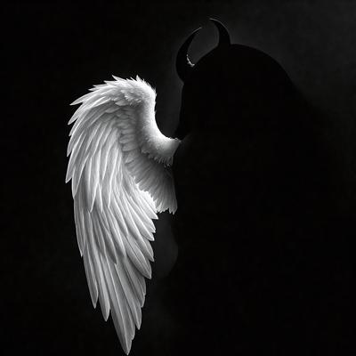The primary subject of the image is a white angel wing. The setting is a dark background, which creates a dramatic contrast with the white wing. The visual style is a combination of digital art and illustration, giving the image a surreal and artistic appearance. The dominant colors are white and black, with the white wing being the main focus of the image. The overall atmosphere is mysterious and captivating.